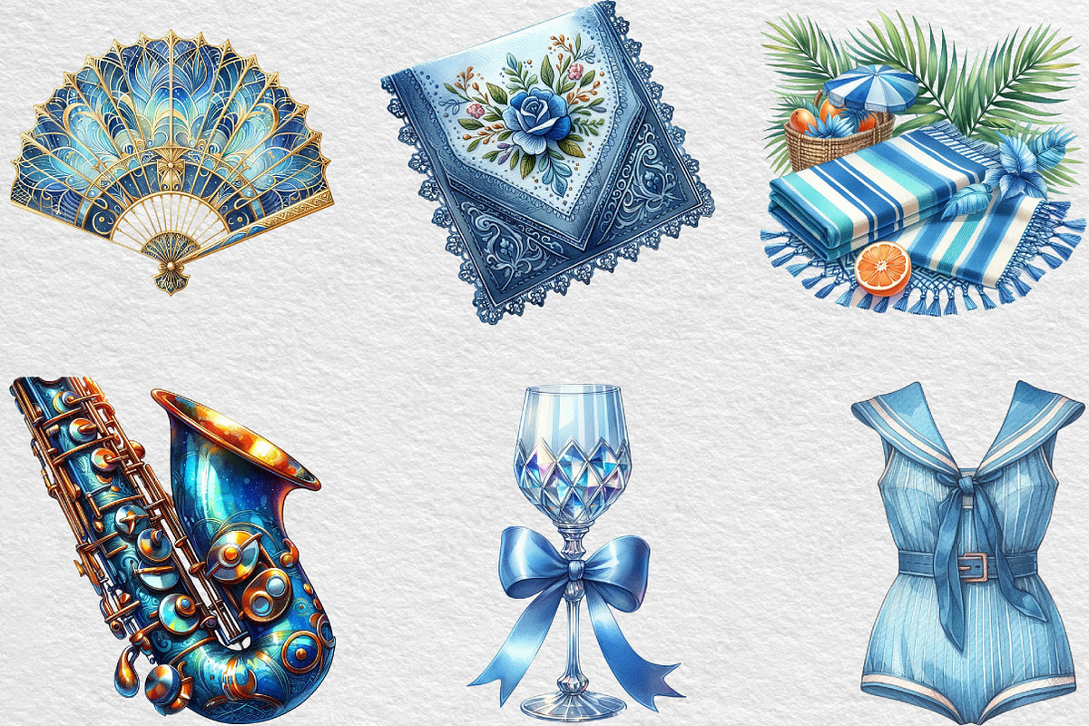 Watercolor Blue 1920s Summer Clipart, an Illustration by Black Bird Studio (Photo 3 of 6)