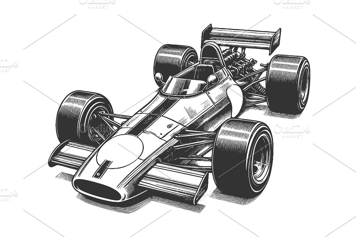 Formula Race Car engraving vector, a Transportation Illustration by AlexArt