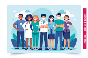 A group of six healthcare workers, r, an Illustration by Tanuart