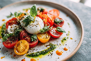 Fresh salad featuring heirloom tomatoes and pesto on a rustic plate, a Food & Drink Photo by AlyaAnd