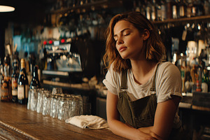 Young woman bartender resting at bar, a Photo by Pixeness Studio