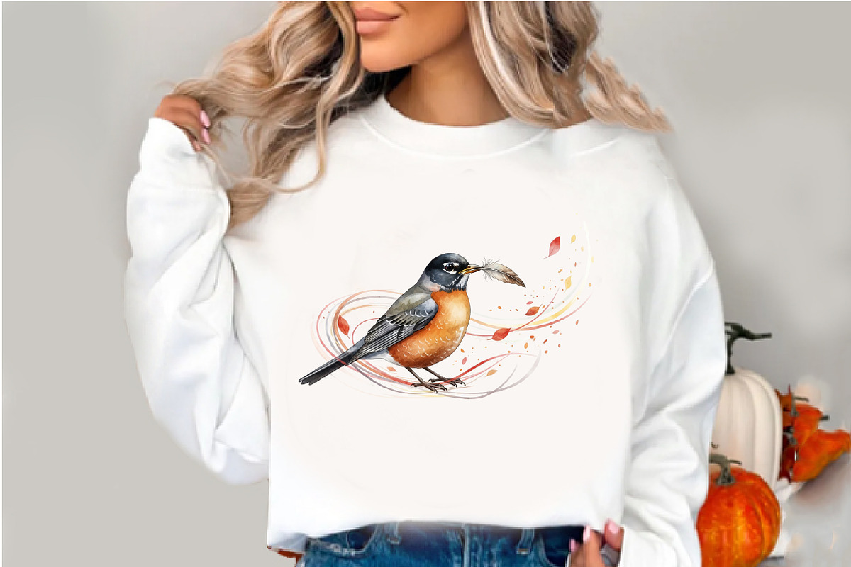 Autumn American Robin Bird Clipart, an Illustration by Watercolor design (Photo 3 of 5)