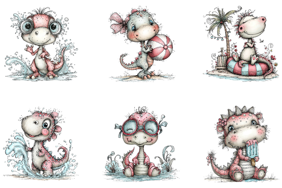 Cute Watercolor Beach Dino, a Seasonal Illustration by CreationArt (Photo 4 of 5)