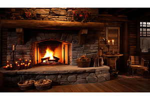 wood cabin fireplace ai generated, a Nature Photo by pikepicture