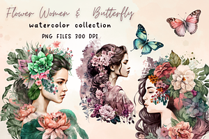 Watercolor Flower Women & Butterfly