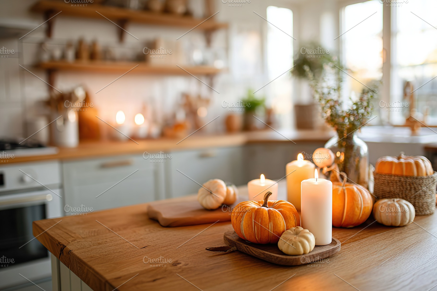 Scandinavian kitchen with autumn decorations and warm candlelight ambiance, a Food & Drink Photo by AlyaAnd