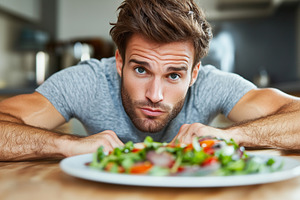 Young man looks up from his plate, a Person Photo by MistyDay