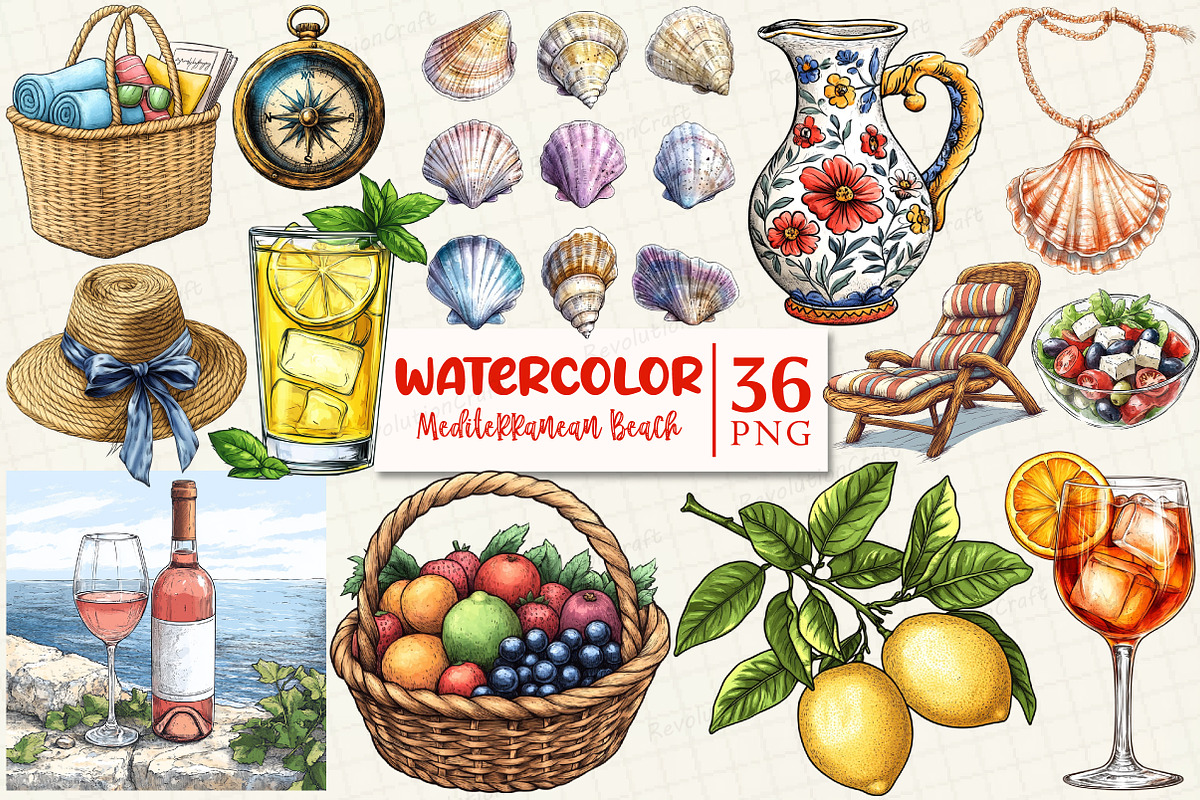 Mediterranean Summer Beach Clipart, an Illustration by OK Design (Photo 1 of 5)