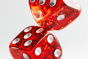 Red dice with white dots floating in mid-air during a game night in an indoor s, an Arts & Entertainment Photo by AlyaAnd