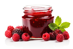 Raspberry jam and berries on white background, a Food & Drink Photo by AlyaAnd