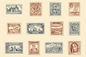 Vintage Postage Stamps Set.