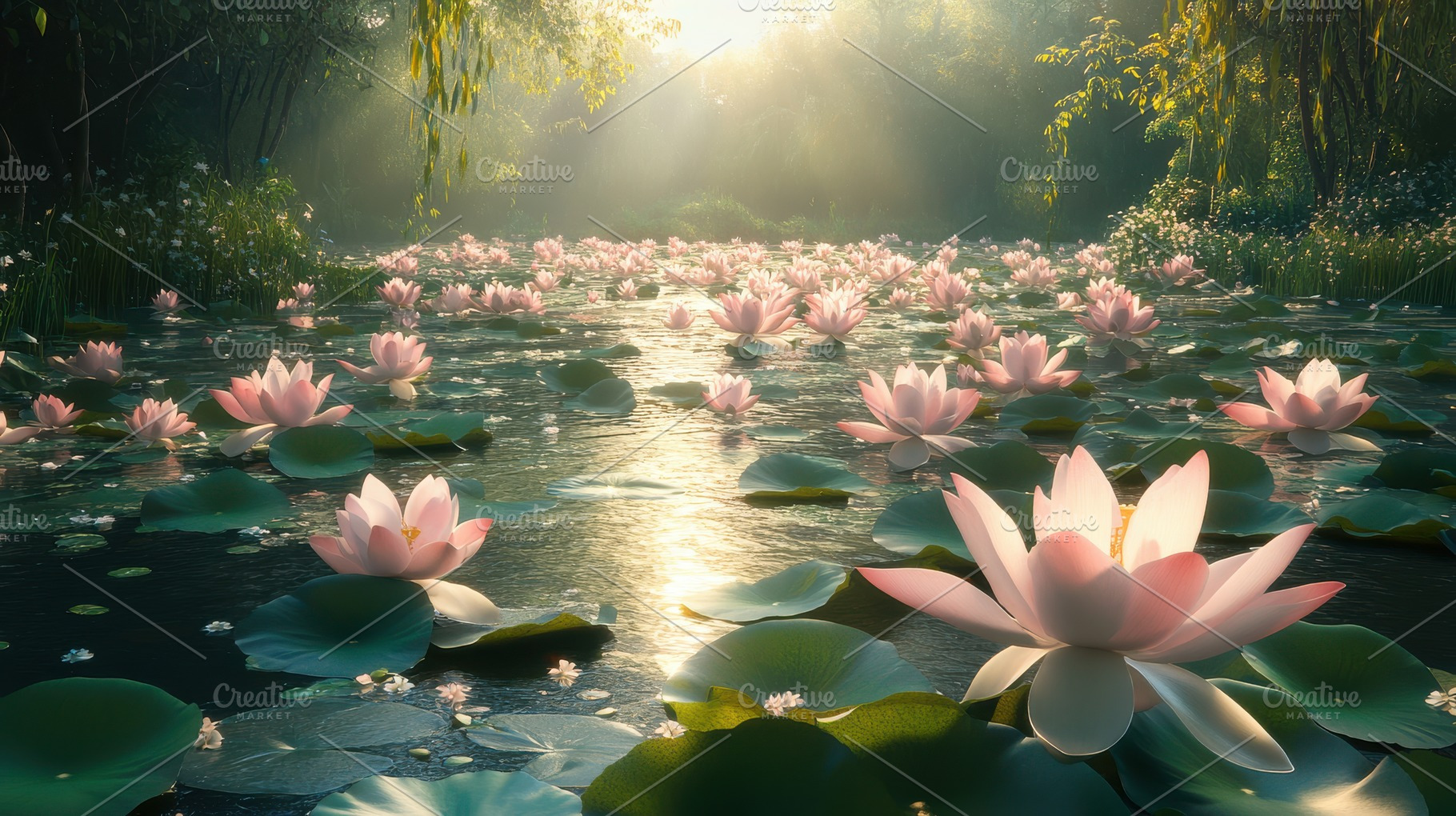 A tranquil pond filled with blooming, a Photo by Pixeness Studio