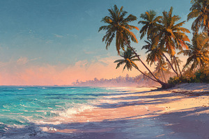 Tropical beach sunset palm trees oce, a Photo by Pixeness Studio