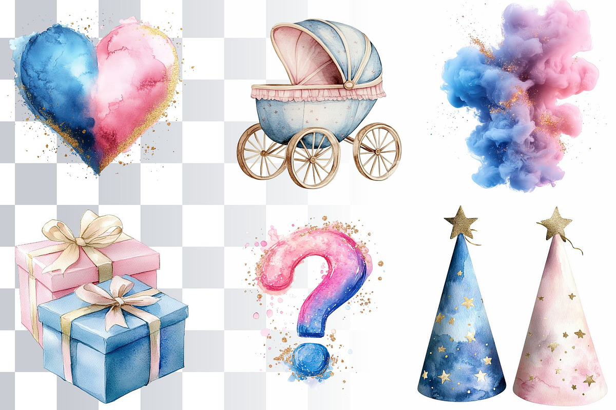 18 Gender Reveal Watercolor Elements, a Decorative Illustration by Loony Dream Designs (Photo 3 of 5)