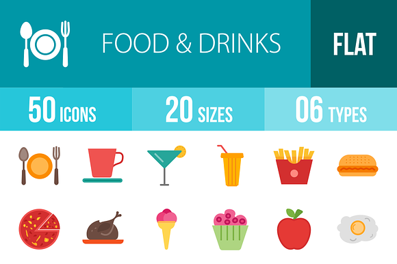 50 Fooddrinks Flat Multicolor Icons