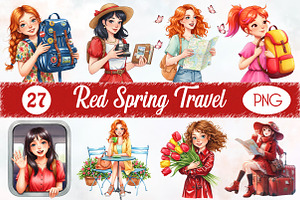 Red Spring Travel Watercolor Clipart, an Illustration by RobertsArt