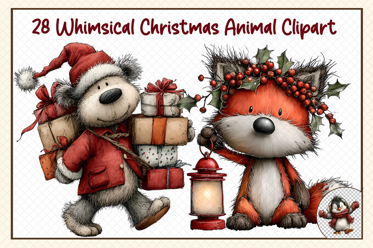 Whimsical Christmas Animal Clipart, an Illustration by cherrydesign (Photo 1 of 3)