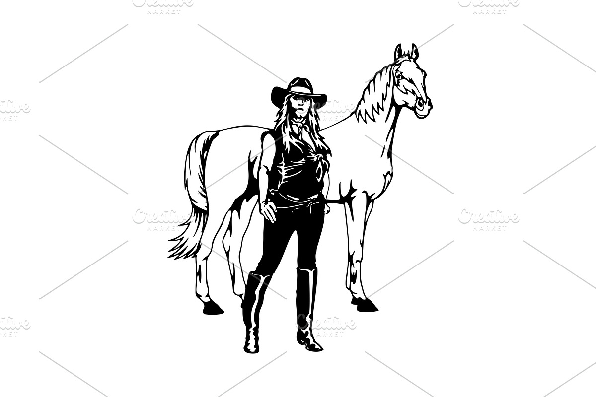 Cowgirl and Horse silhouette Vector, an Animal Illustration by Digital-Clipart