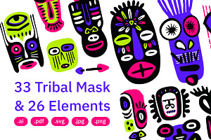 33 Tribal Mask Faces + 26 Elements