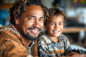 A joyful father and son duo smiling warmly, capturing a cherishe, a Person Photo by ImageMir