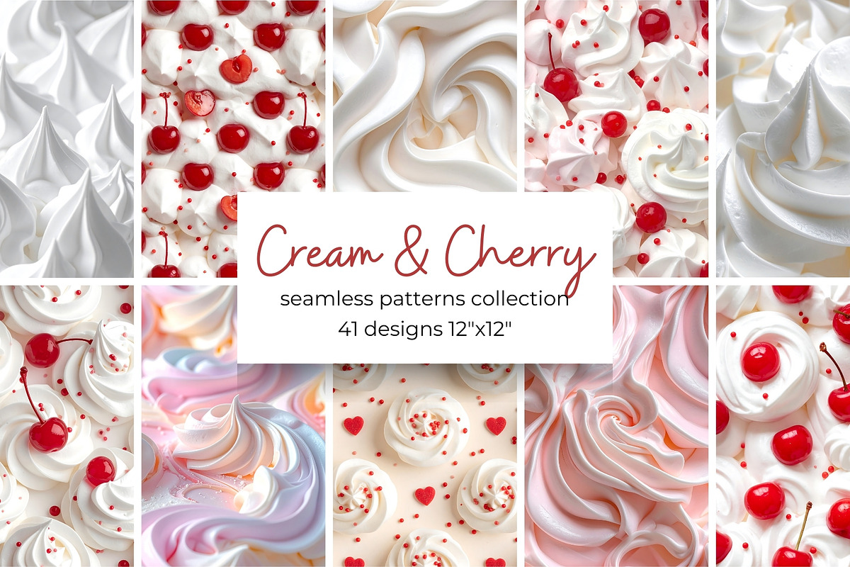 Cream & Cherry Seamless Patterns, a Pattern Graphic by Anna Design Studio