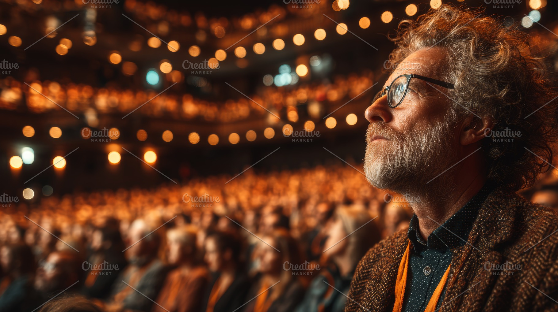 Thoughtful man observing a presentation in a theater filled with attendees, a Business Photo by AS photostudio