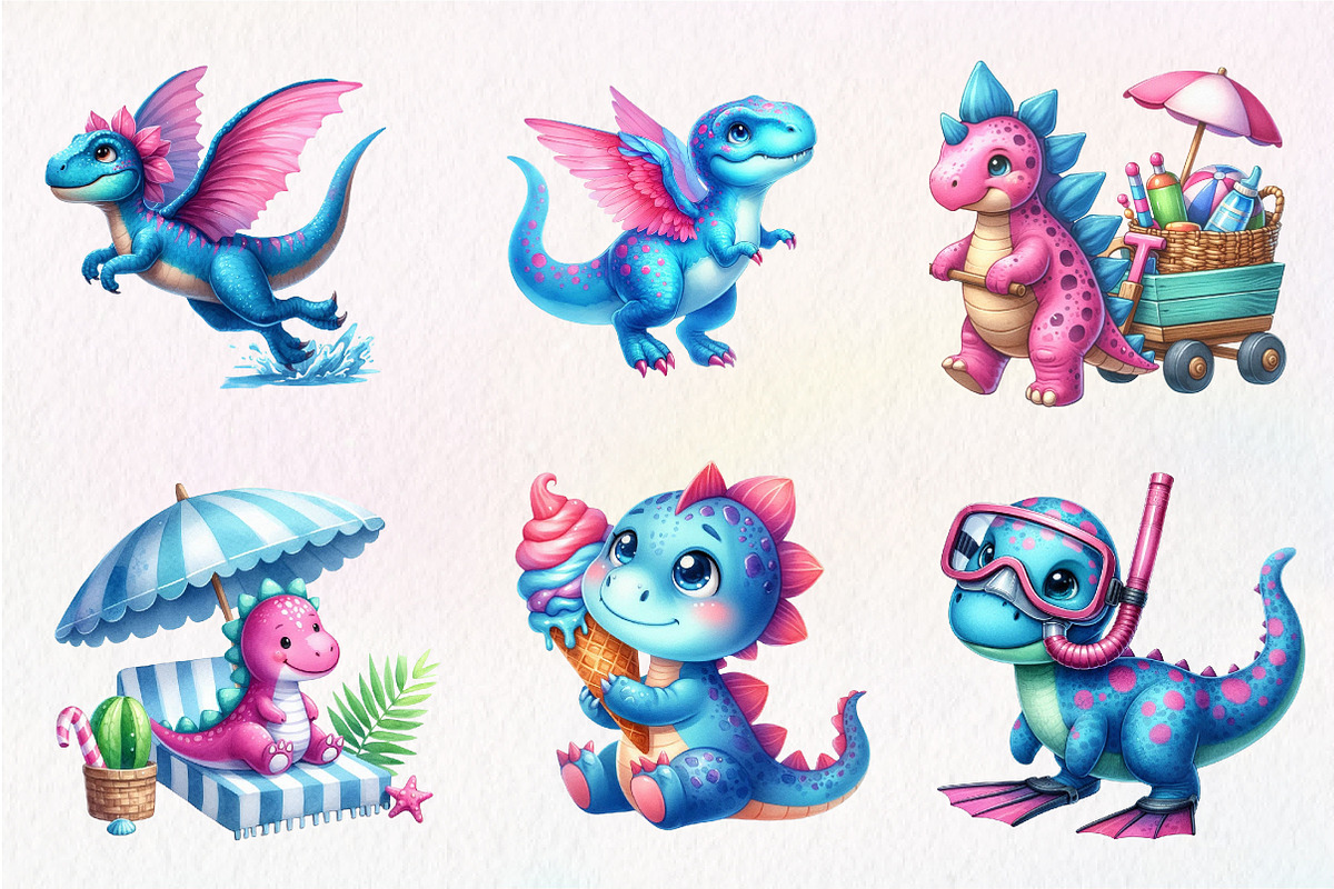 Summer Dinosaur Watercolor Clipart, an Illustration by CreationArt (Photo 5 of 9)