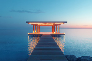 Modern wooden pier with sea and clean sky view, a Photo by AlyaAnd
