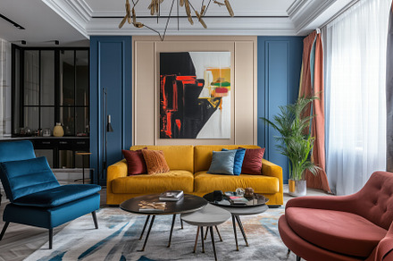 A Eclectic interior style design living room featuring a yellow sofa, colorful, an Arts & Entertainment Photo by Textures & Backgrounds