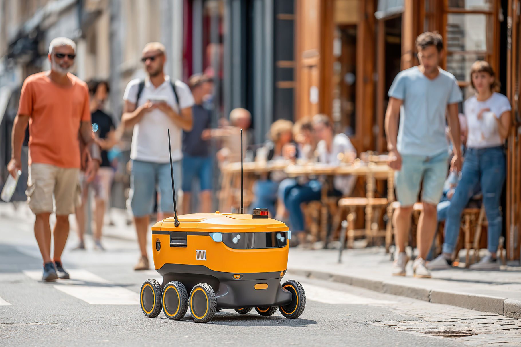Delivery robot navigates pedestrian traffic in urban setting on a sunny ...
