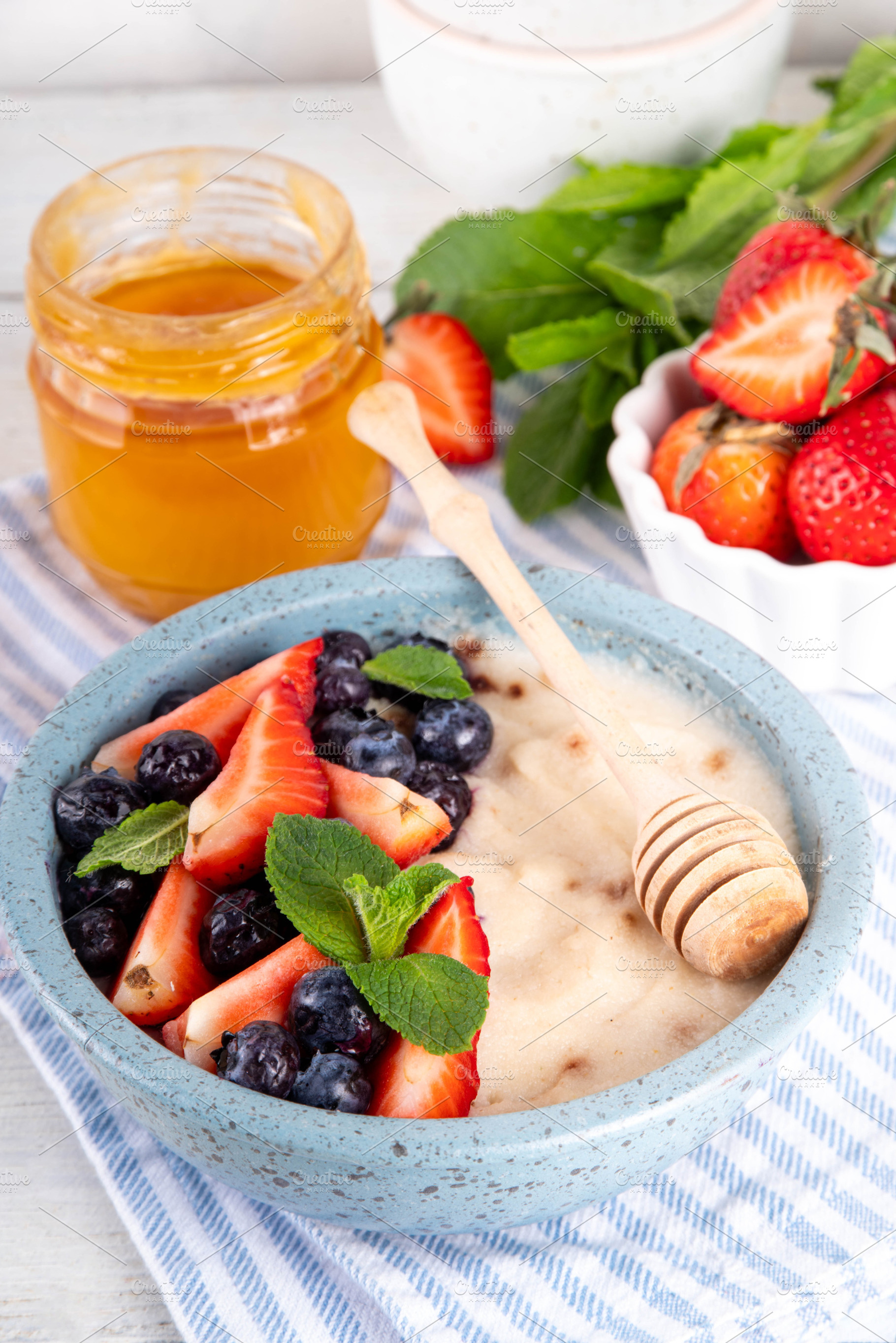 Wheat semolina porridge with fresh summer berry, a Food & Drink Photo by Rimma