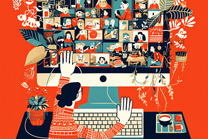 Person engaging in an artistic virtual video call on a colorful screen, a Photo by AS photostudio