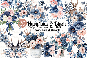 Navy And Blush Flowers Illustration