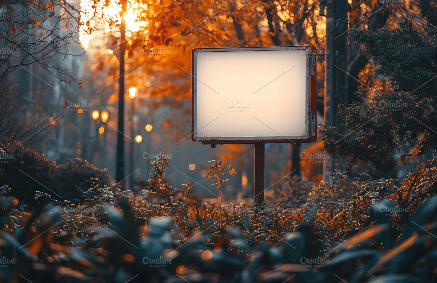 Blank illuminated signboard in a city park during autumn with wa, an Animal Photo by José Manuel Gelpi