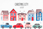 Watercolor Christmas City Clipart, a Texture Illustration by YuliyaArtGarden (Thumbnail 2 of 12)