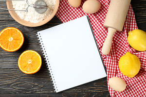 Concept of recipe on wooden background, space for text, a Food & Drink Photo by AtlasStudio PRO