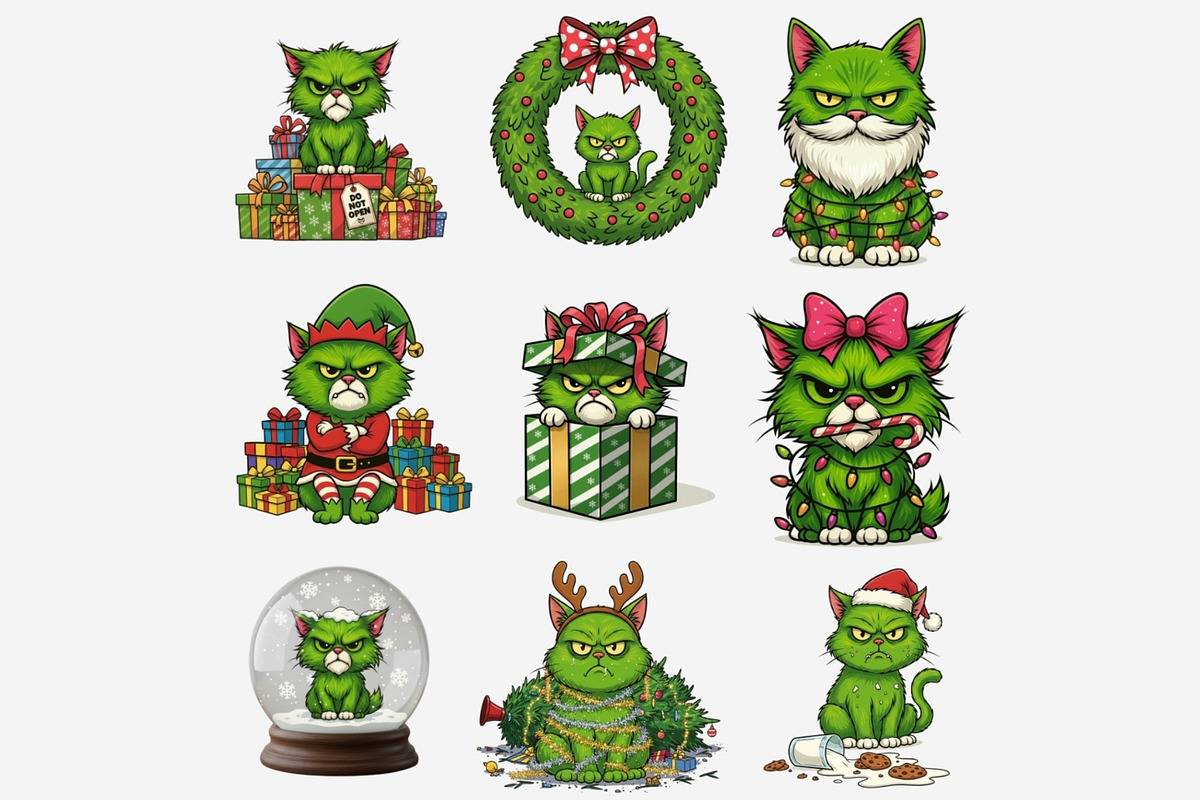 Green Angry Grumpy Christmas Cats, an Animal Illustration by Tanya Kart (Photo 7 of 11)