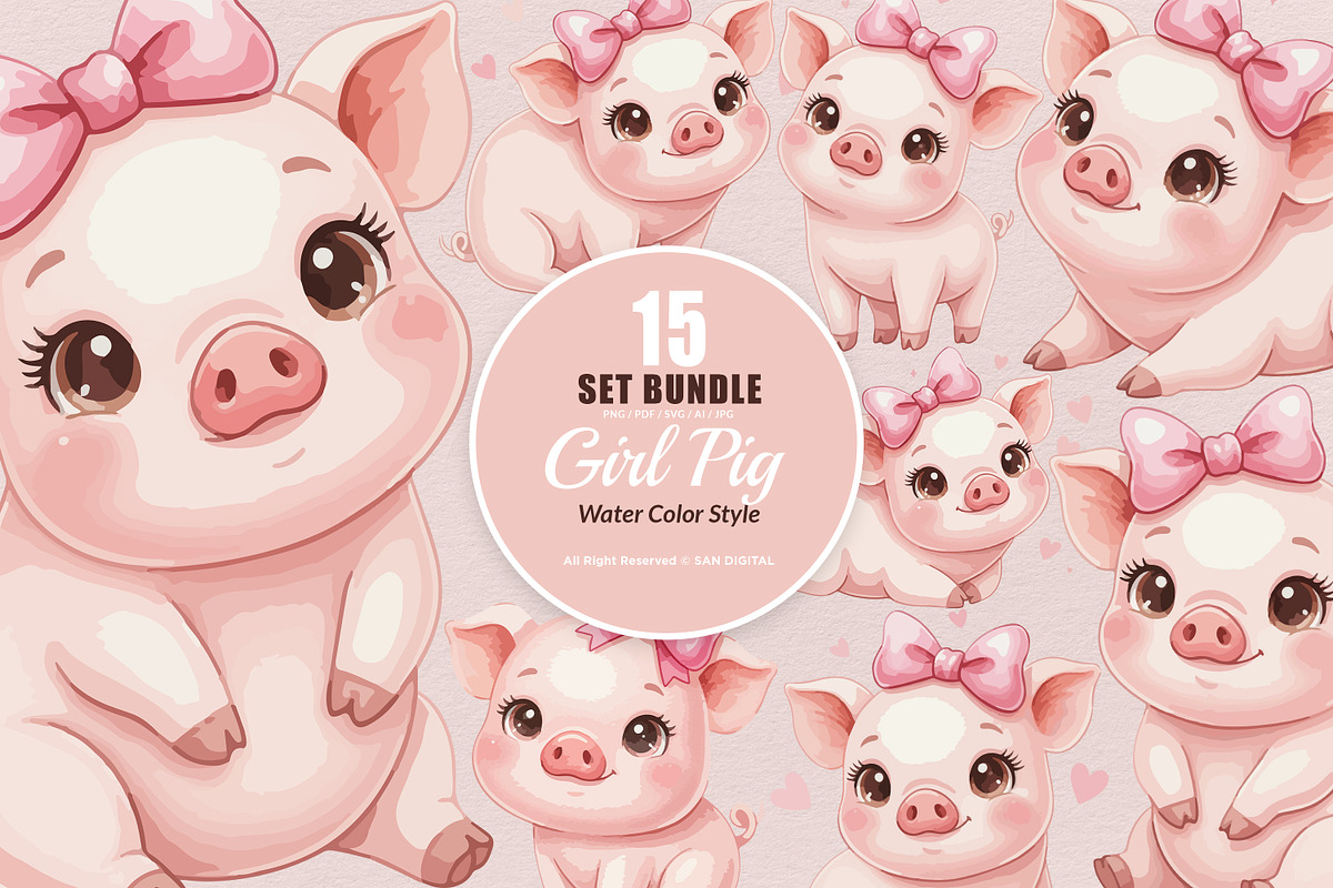 15 Bundle Watercolor Girl Pig Pink, an Animal Illustration by Morspective (Photo 1 of 8)