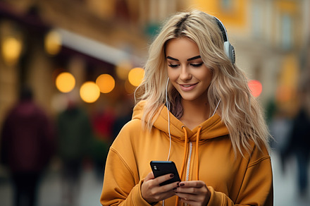 Beautiful young woman in yellow hoodie with headphones listening, a Person Photo by AS photostudio