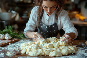 Baking bread dough in a rustic kitch, a Photo by Tanuart