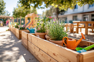 Bright gardening area in a school playground with colorful pots and watering ca, a Nature Photo by AlyaAnd