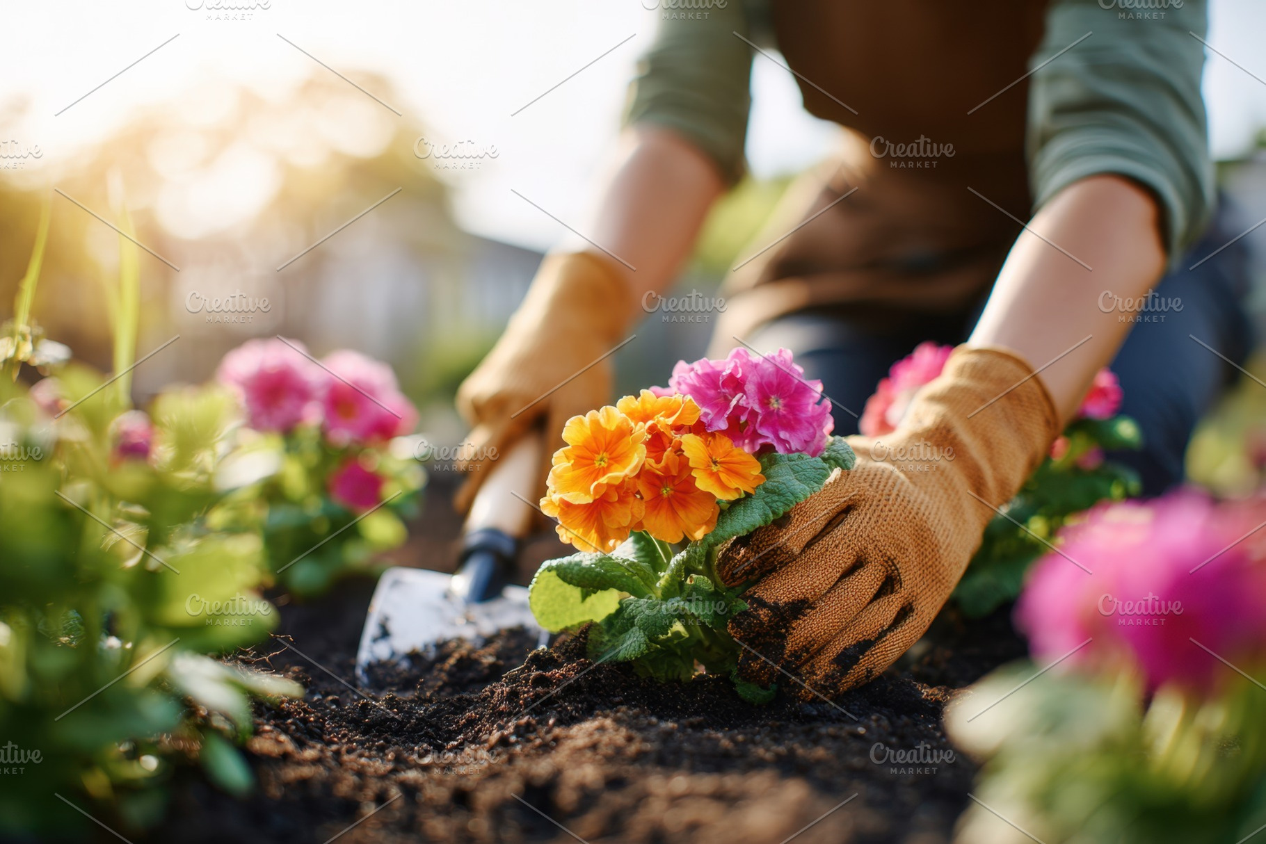 Planting colorful flowers in a garden at sunset, a Nature Photo by AlyaAnd