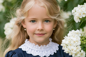 Little girl smiling, having blonde hair, blue eyes, wearing lace, a Person Photo by Studio ANNA