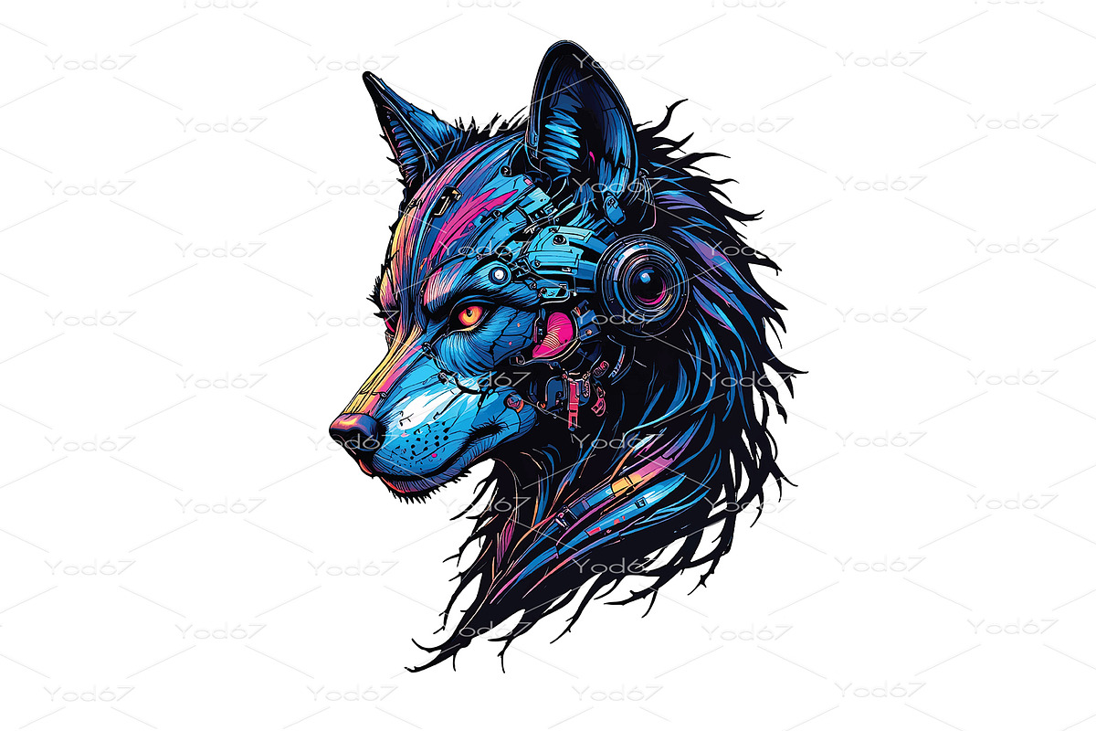 Vector of cyberpunk wolf head, an Animal Illustration by yod67