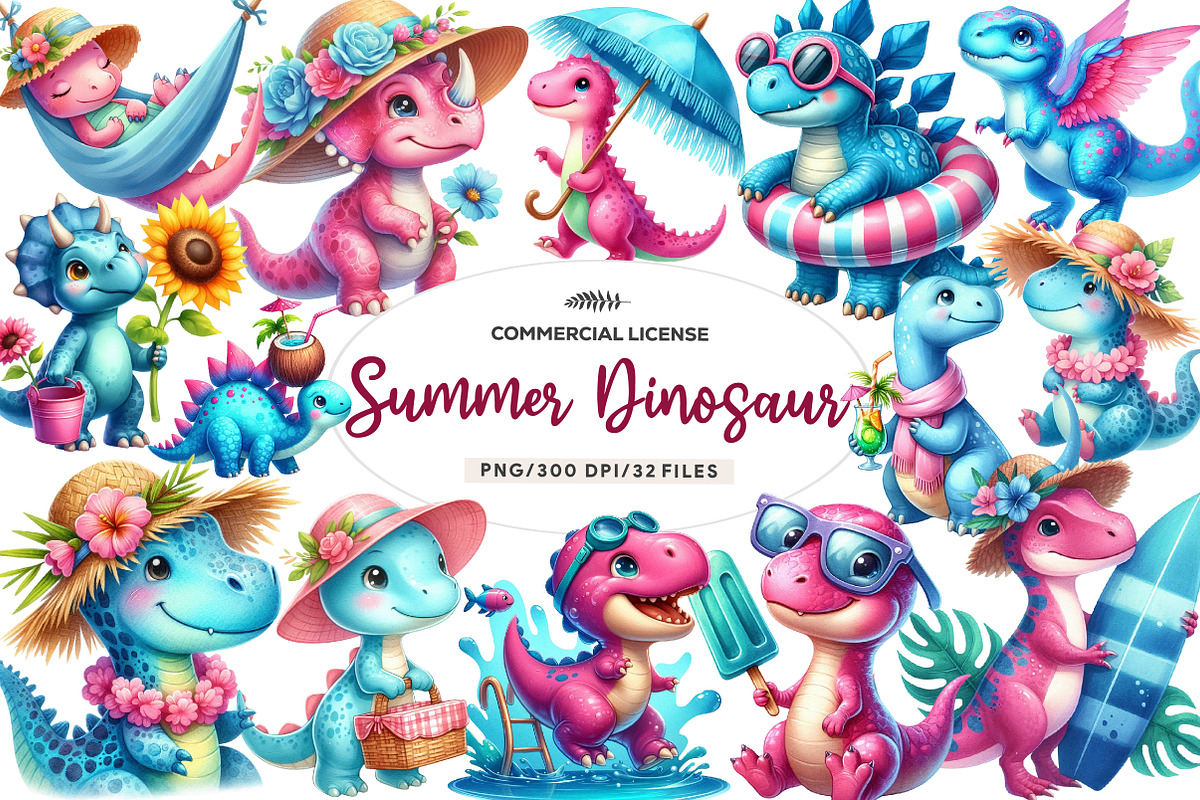 Summer Dinosaur Watercolor Clipart, an Illustration by CreationArt (Photo 1 of 9)
