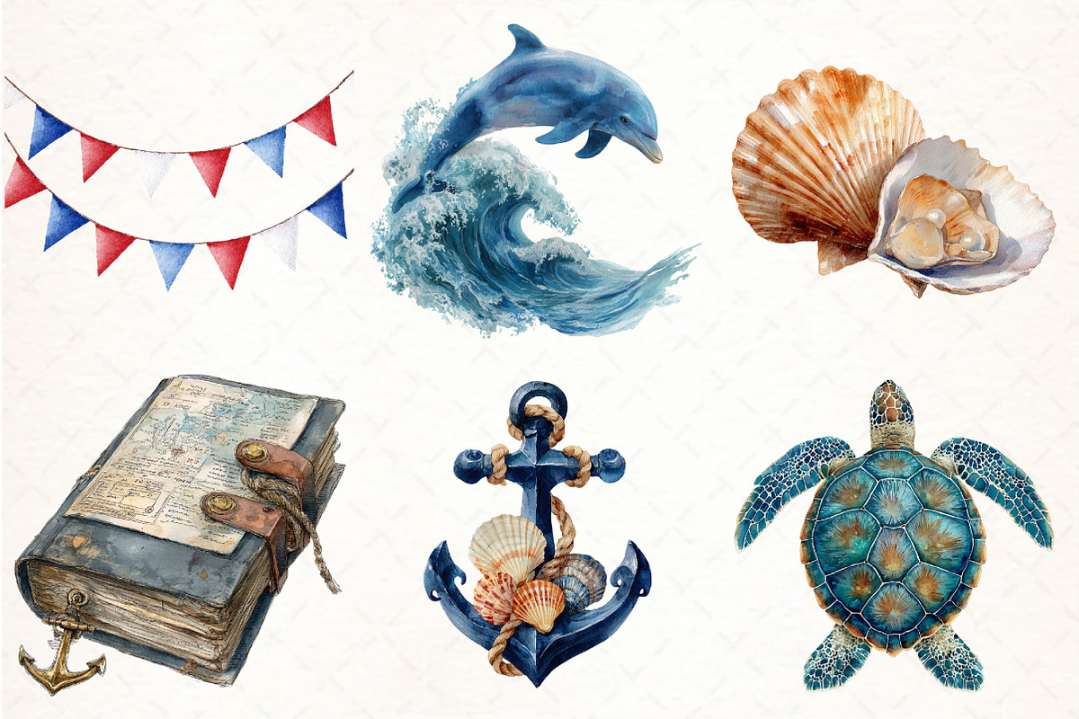 Nautical Ocean Watercolor Clipart, an Illustration by Pixels.Craft (Photo 3 of 7)