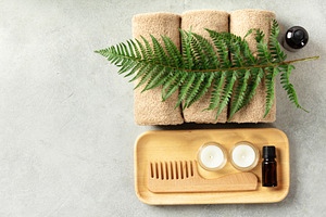 Spa Wellness Flat Lay with Fern, Towels, and Natural Products, a Beauty & Fashion Photo by Natalia Klenova's Shop