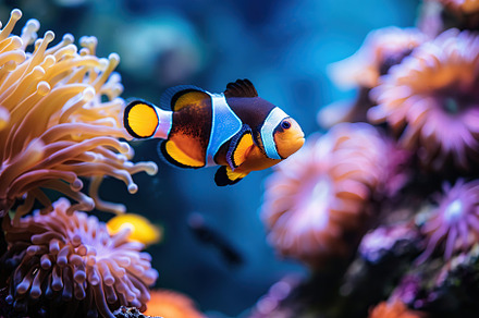 Clownfish in aquarium with blue water and corals, an Animal Photo by AlyaAnd