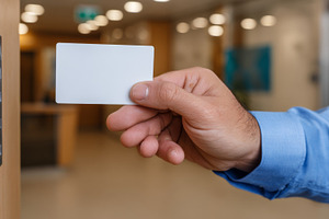 A hand of a male adult is holding a blank access card near an elevator button i, a Business Photo by ImageMir