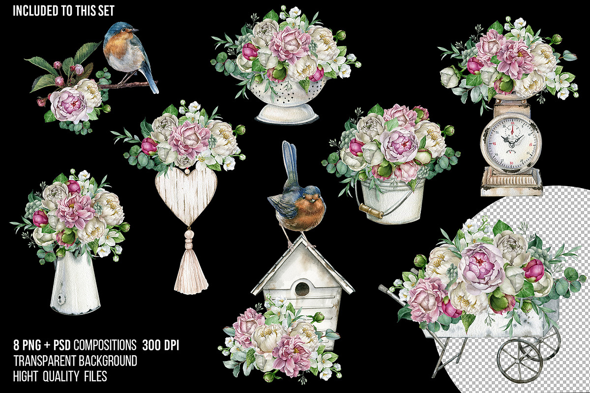 White peonies flower bouquet clipart, an Object Illustration by yana.fefelova (Photo 3 of 5)